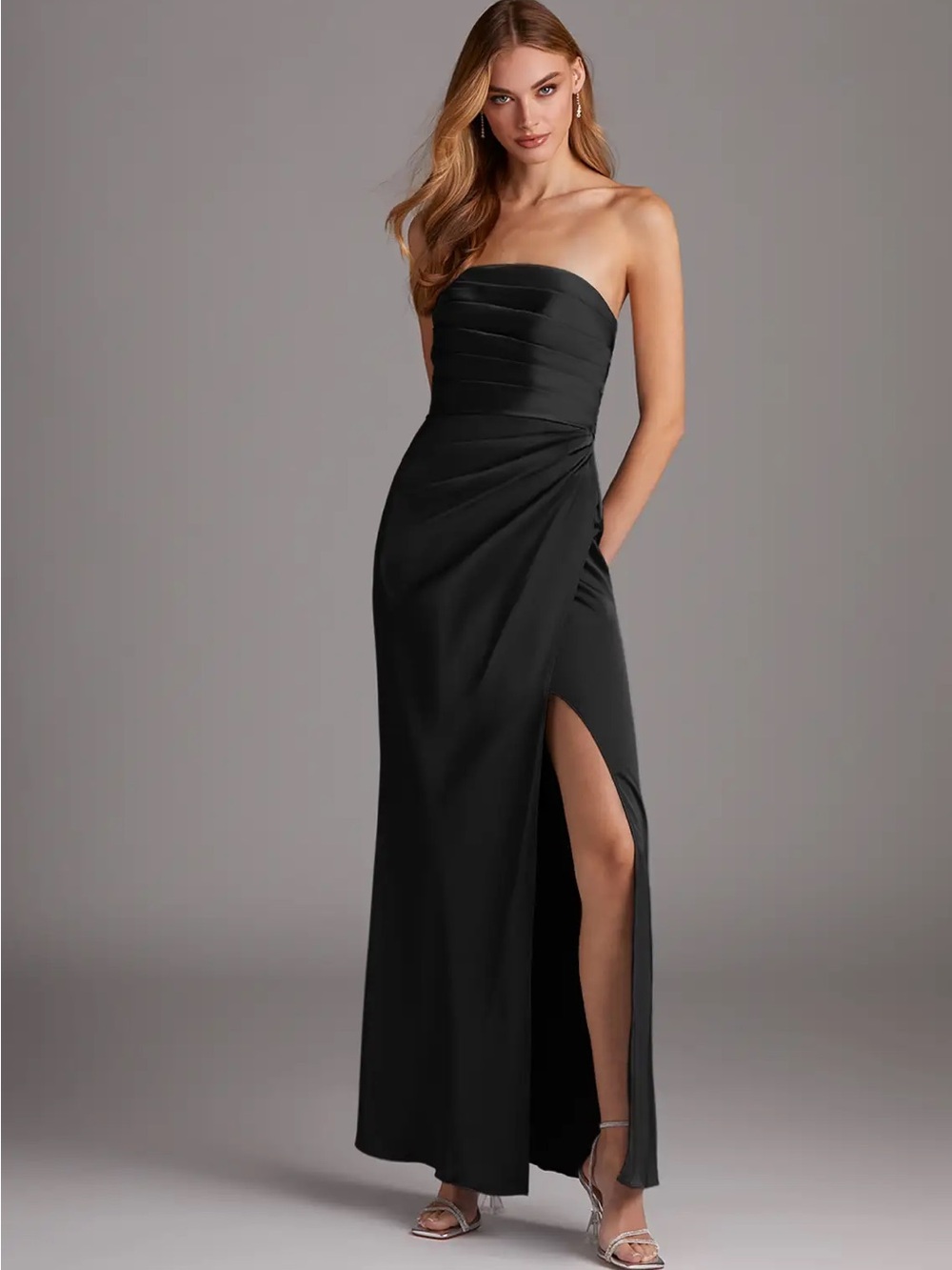 Azazie Strapless Satin Black Evening Dress with High Side Slit